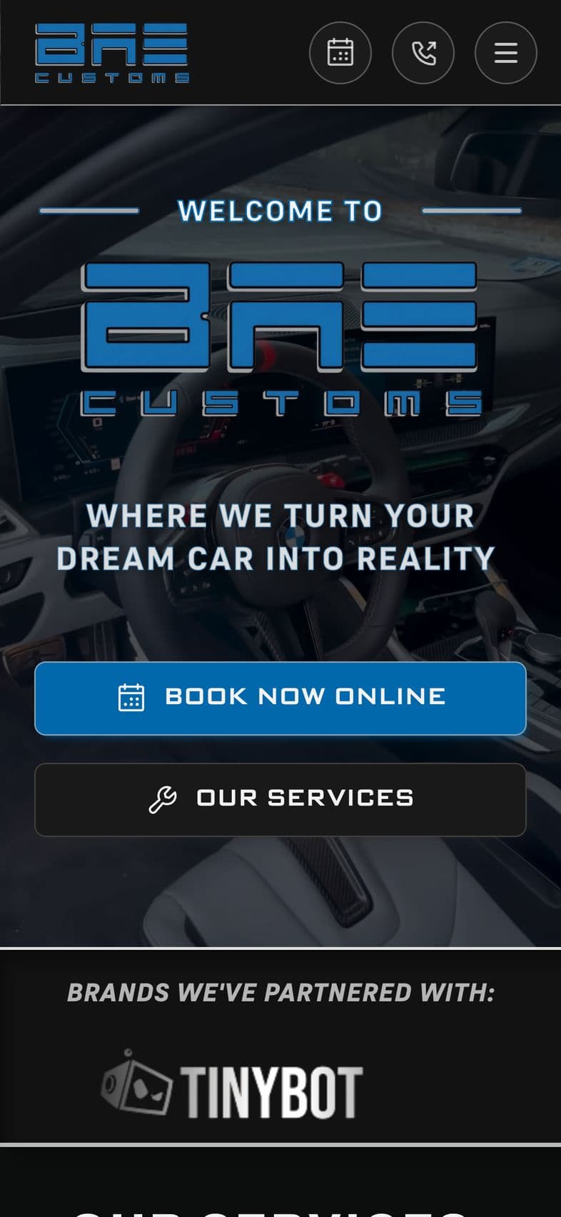 BAE Customs: Home page, on a phone