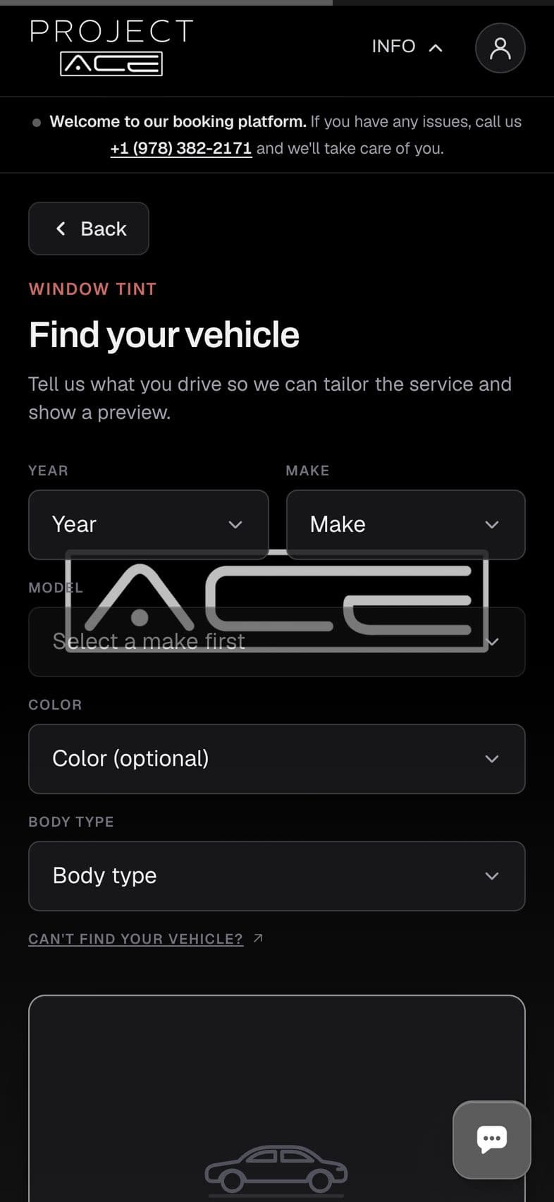 Project Ace: Booking: vehicle step, on a phone