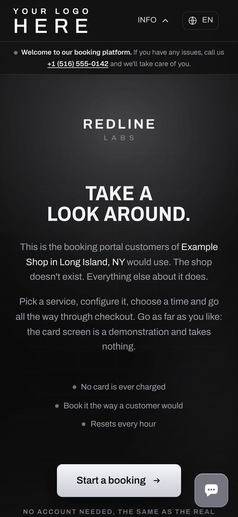 RedLine Labs: Booking demo, on a phone