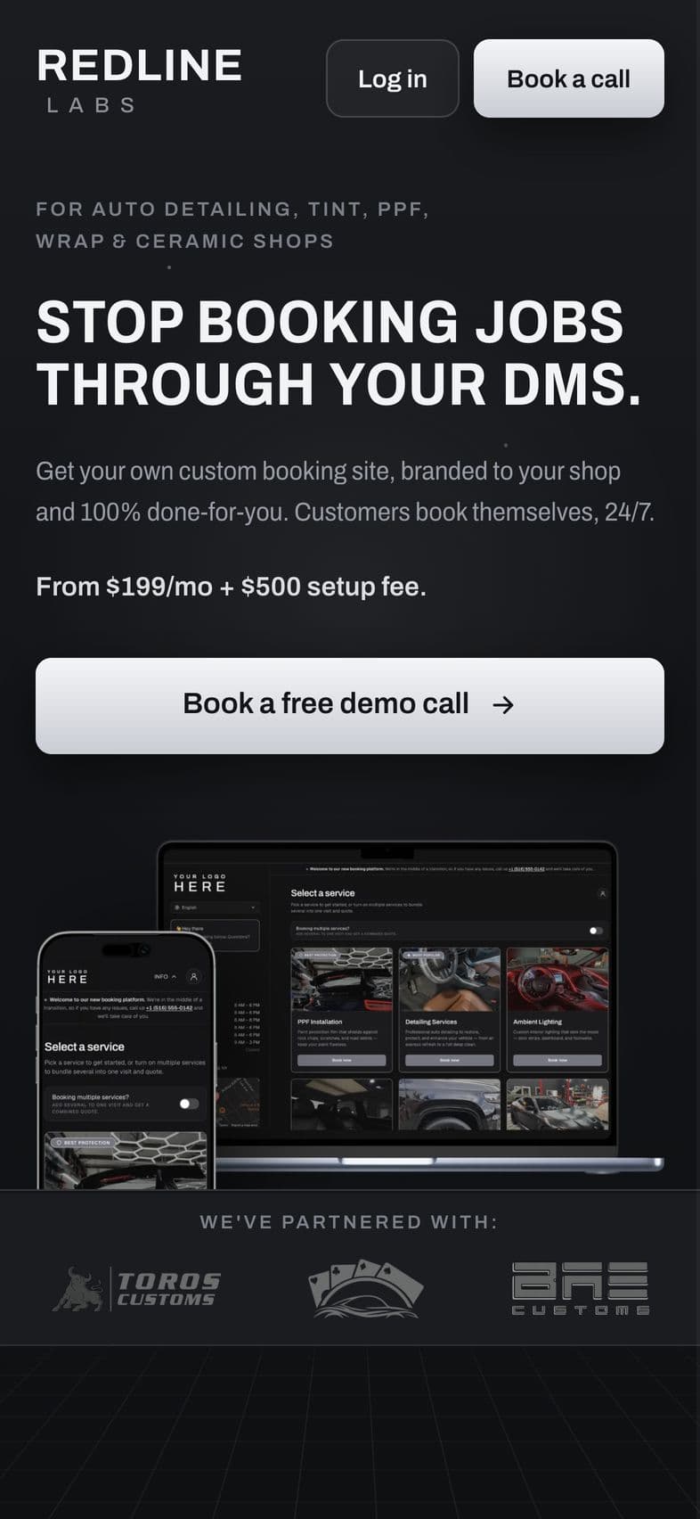 RedLine Labs: Home page, on a phone
