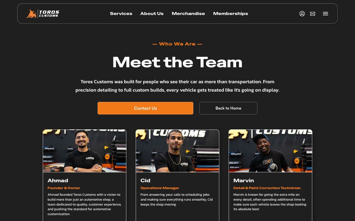 Toros Customs: About, on a laptop