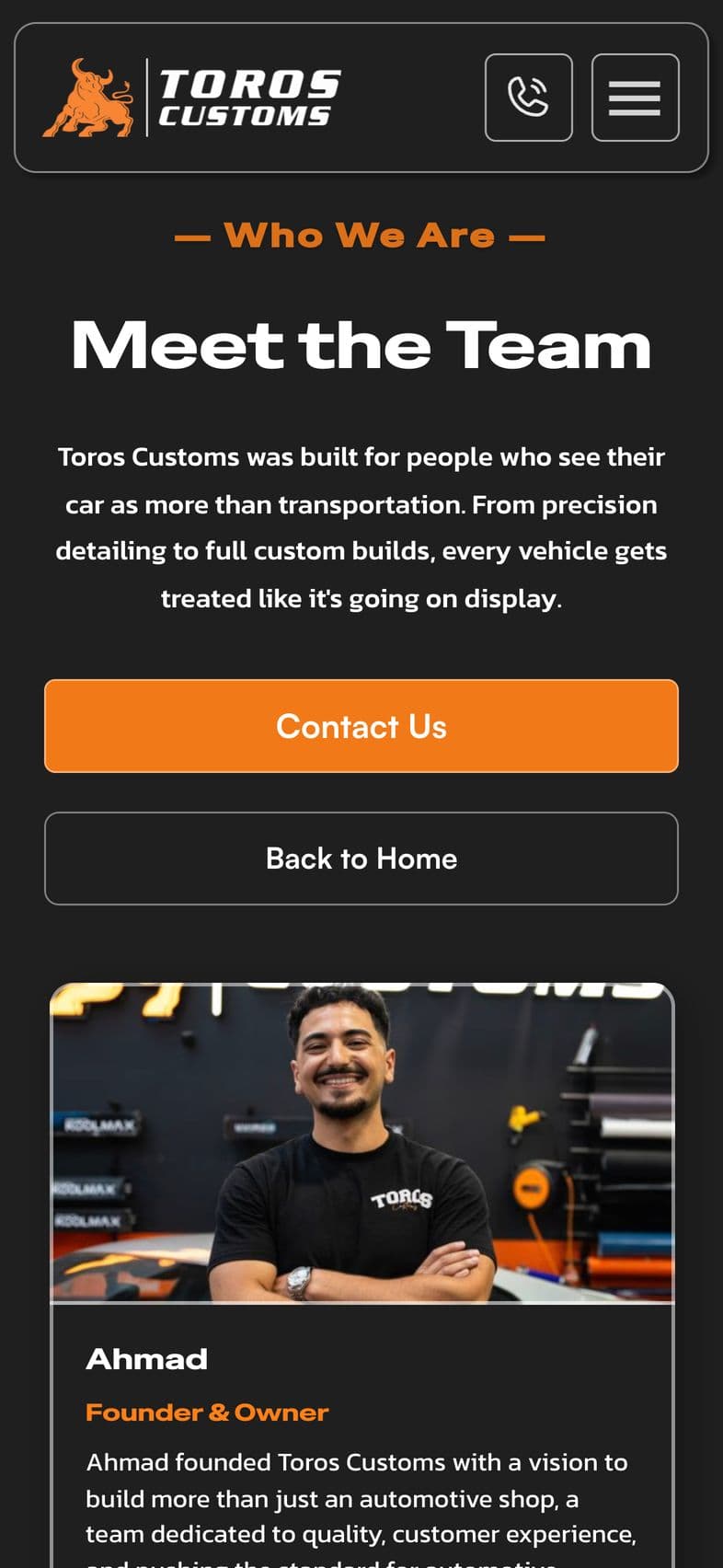 Toros Customs: About, on a phone