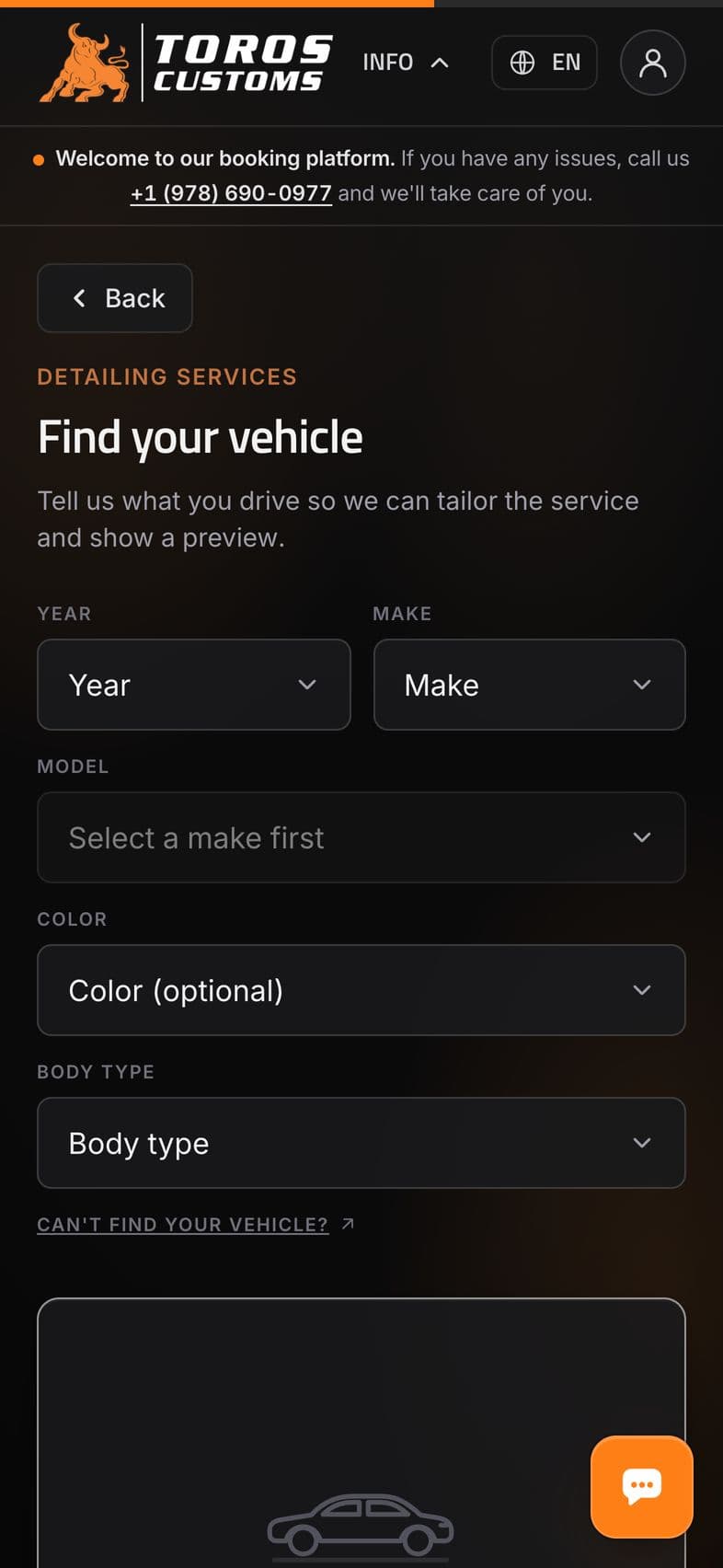 Toros Customs: Booking: vehicle step, on a phone