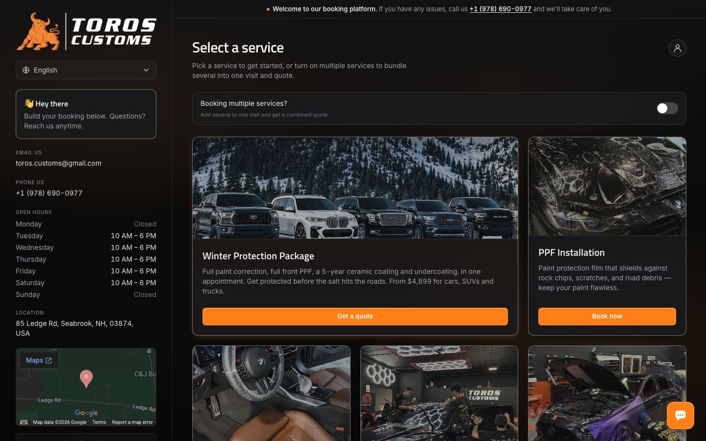 Toros Customs: Booking site, on a laptop