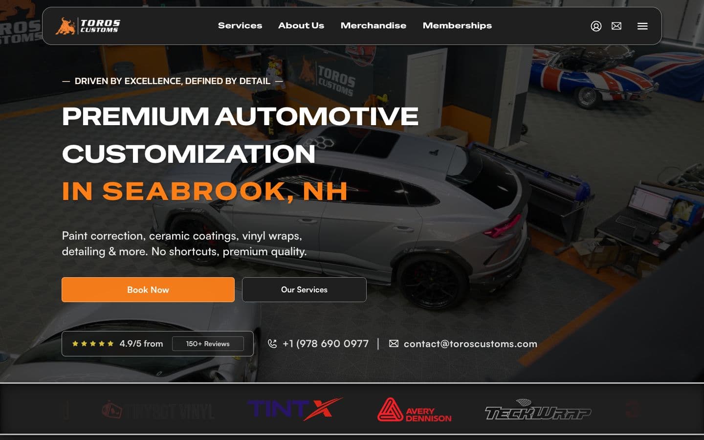 Toros Customs: Home page, on a laptop