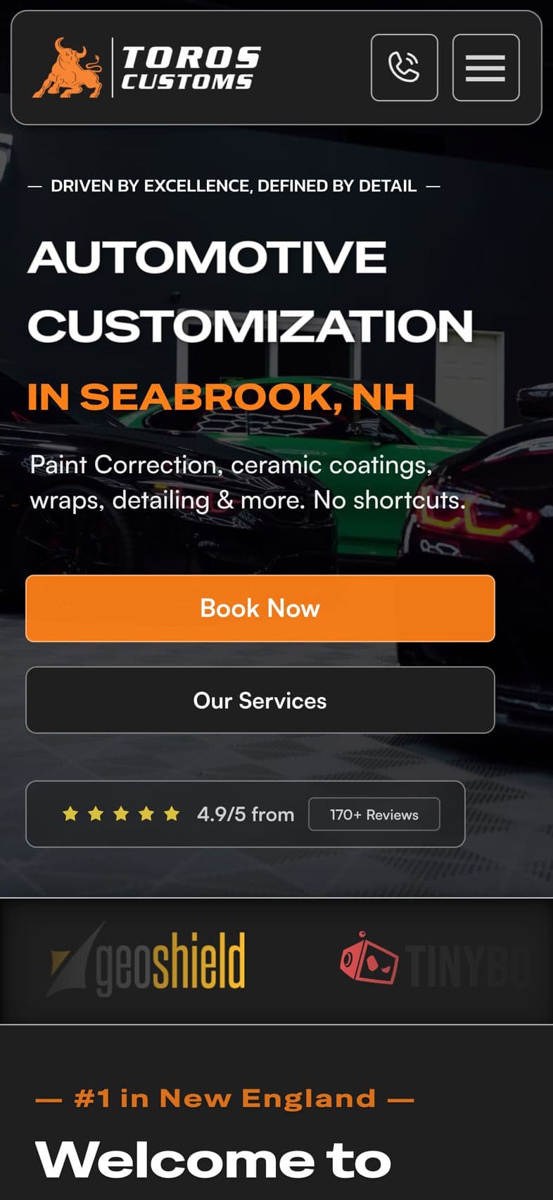 Toros Customs: Home page, on a phone
