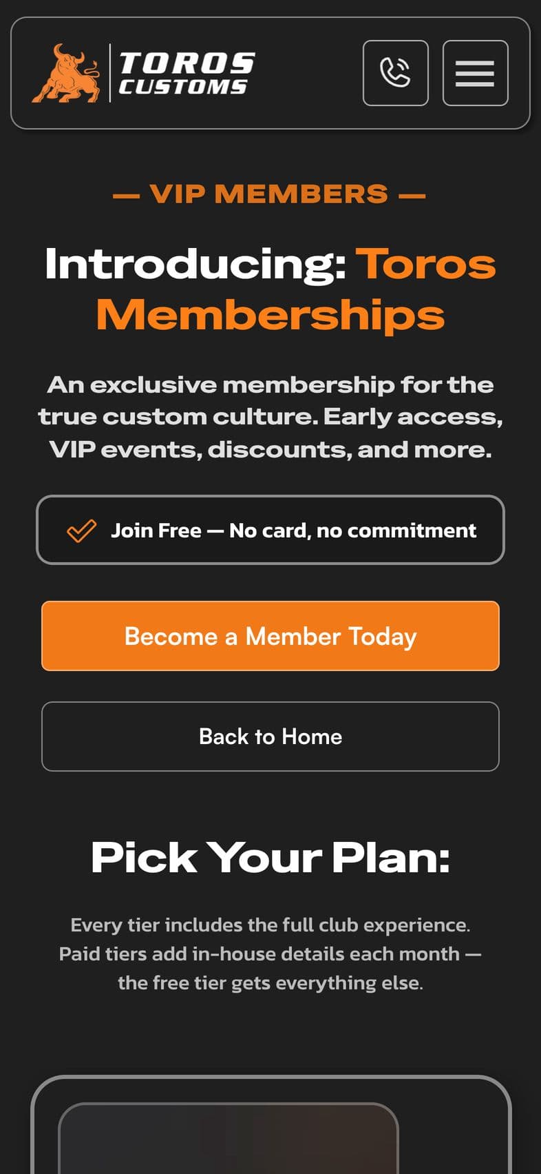 Toros Customs: Memberships, on a phone