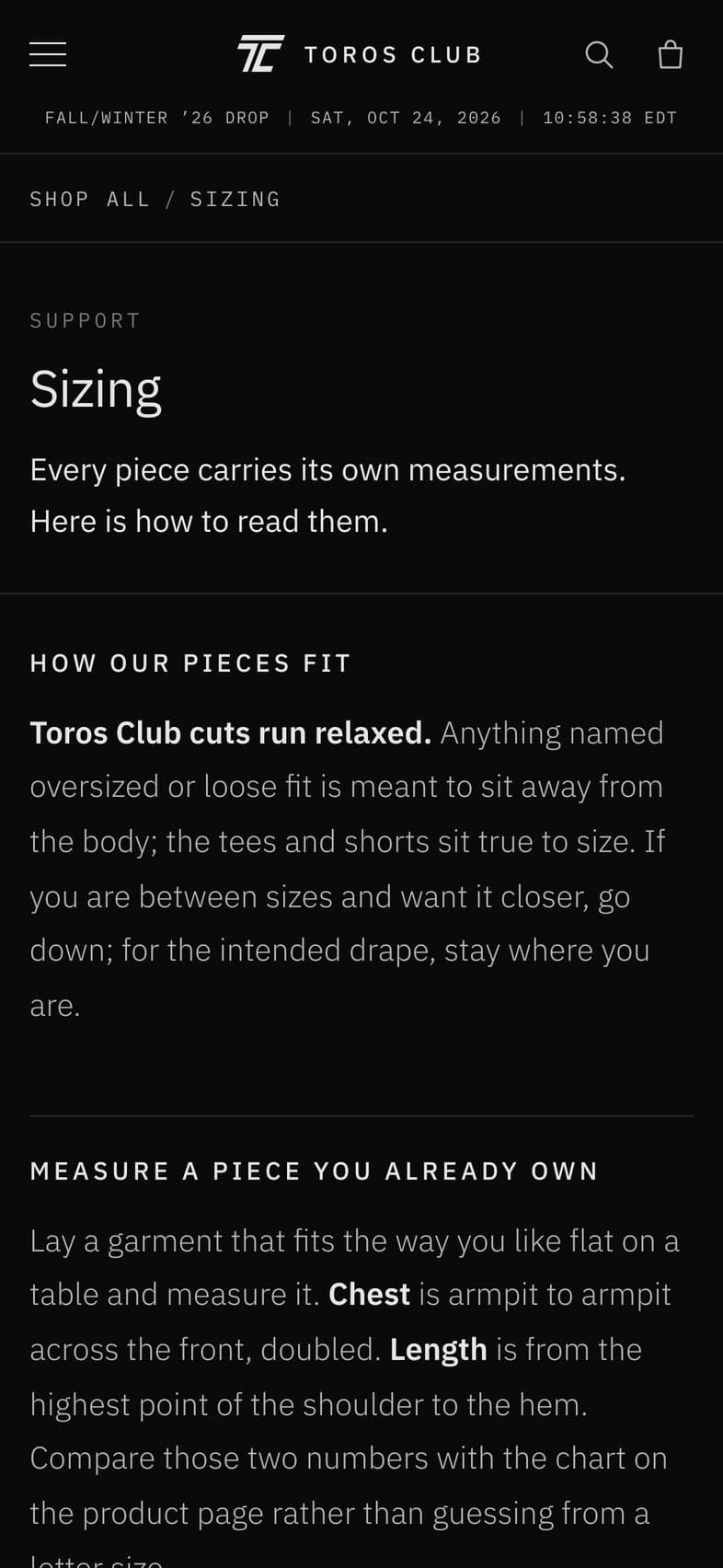 Toros Club: Size guide, on a phone